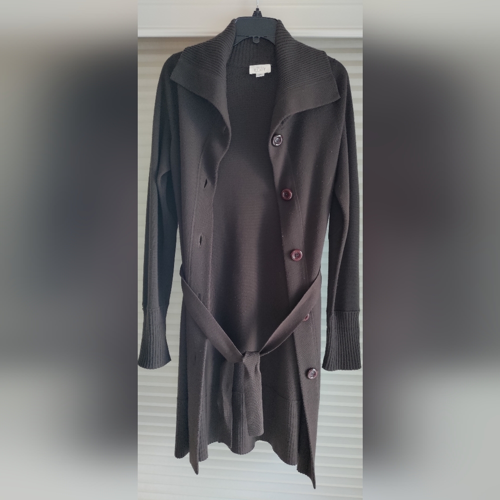Ann Taylor Loft Long Button Down Belted Duster Cardigan sweater, Chocolate Brown